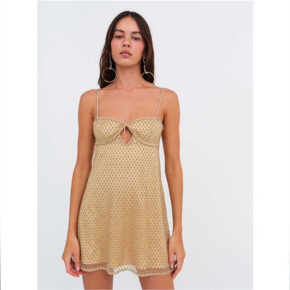 For Love & Lemons Glitter Slip Dress in Gold